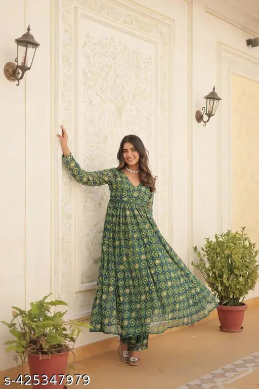 Green4 Georgette Kurta with Palazzos, printed net design, Indian ethnic wear