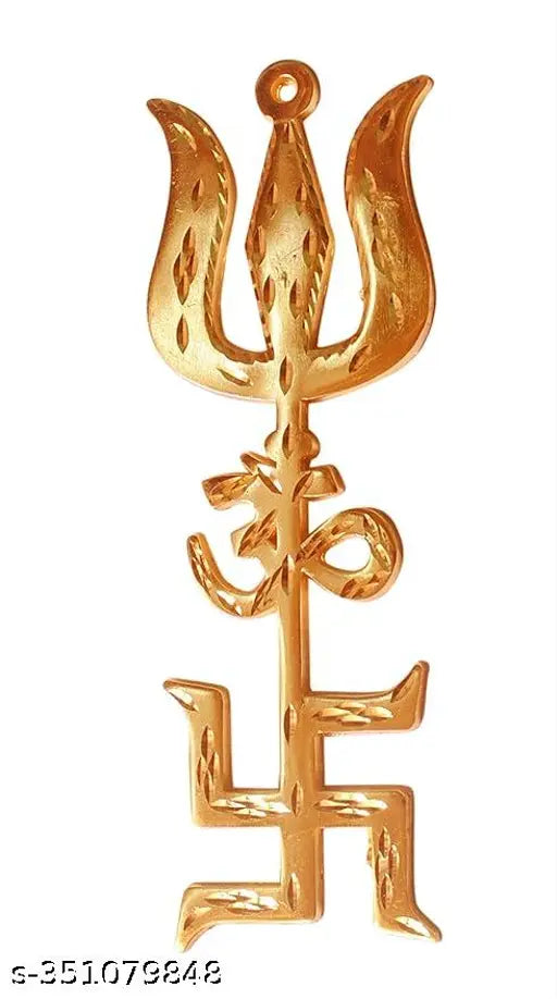 Gold brass Metal Trishul Swastik Trishakti Yantra Door/Wall Hanging (6 inch), decorative Hindu symbol for home, office & shops