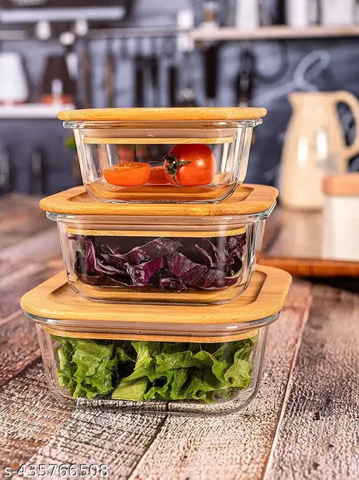 Clear glass food storage containers, set of three with lids, stackable, 1500ml, BPA free