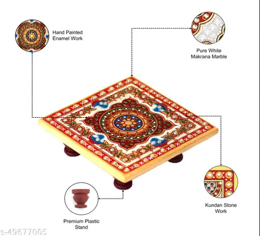Handcrafted marble Pooja Chowki set, white Makrana marble with red-boundary Kundan stones, for temple decoration & Puja room (PACK OF 2)