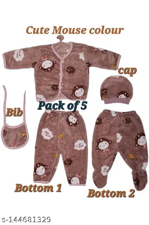 Soft bamboo baby winter suits (set of 5), printed net pattern, long sleeves for warmer and flexible wear in colder months