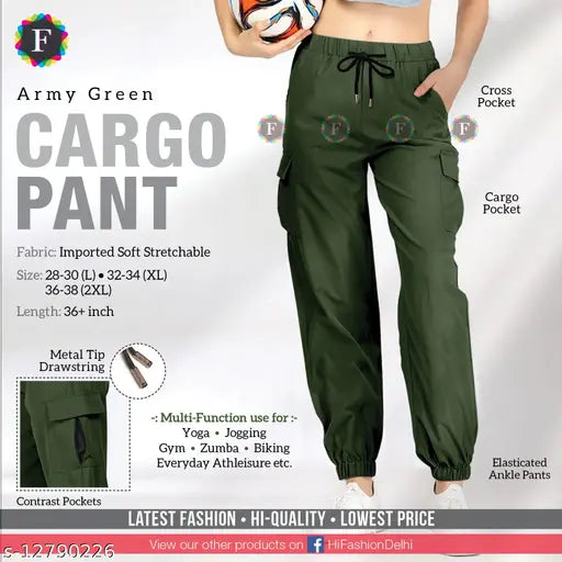 Dark wash, cargo pant, elastic waistband, pockets, casual wear