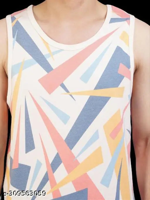 Comfy cotton blend sleeveless men's t-shirt, printed with net design - India