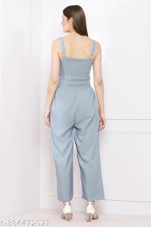 Grey crepe women's solid 2-piece jumpsuit set, short sleeves, size S-XL