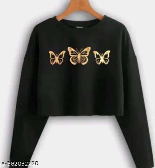 Black cotton blend fancy full sleeve crop top with butterfly print, long sleeves, size M
