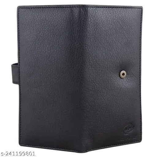 Black PU leather wallet, regular size (11 card slots), 2 note compartments, modern style for men's casual use
