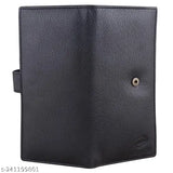 Black PU leather wallet, regular size (11 card slots), 2 note compartments, modern style for men's casual use