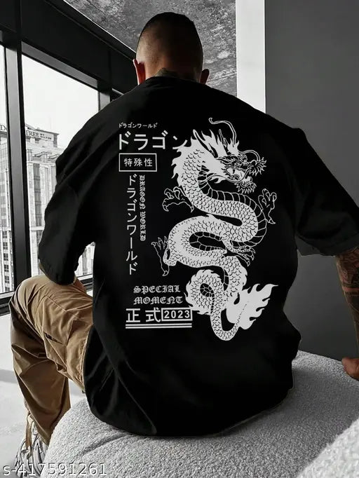 Men's black oversized graphic print cotton t-shirt, long sleeves, India origin