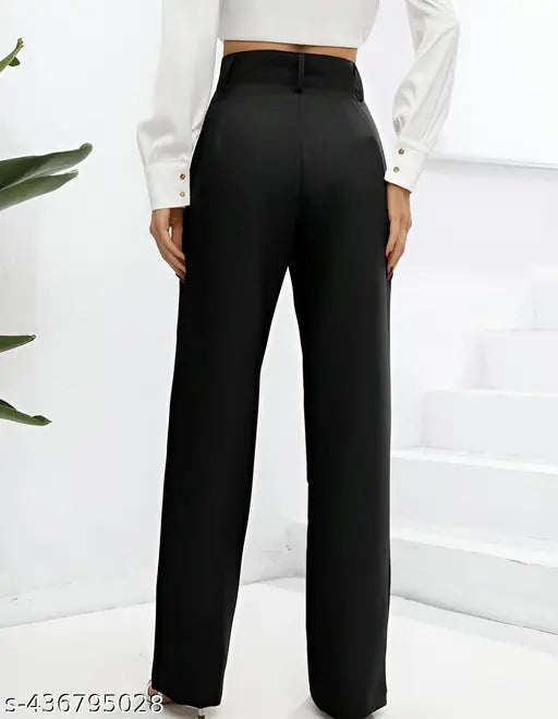 Dark navy blue high-waisted bell bottom trousers, solid fabric