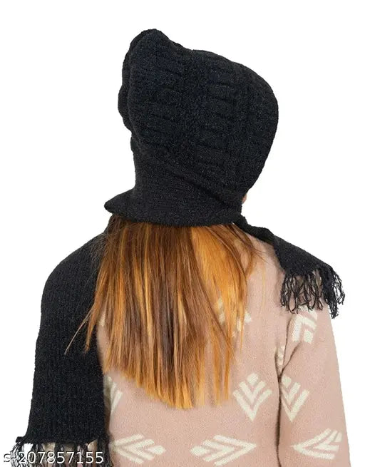 Dark wool knit cap, black tassel ends, unisex muffler cap with fringe