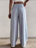 Blue cotton blend wide-leg lace pants (39" in length), mid rise with elastic waistband. Perfect for casual, formal, office, daily wear, or party occasions. Single piece available, size referring recommended for smart purchase. Origin: India
