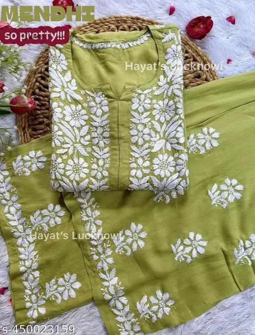 Embroidered rayon kurta and palazzo set, single 14kg chikankari work Indian outfit