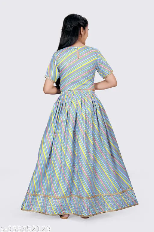 Striped cotton blend embellished lehenga-choli set for girls, pack of 1, suitable for parties and festivals like Diwali, Eid, Christmas. Made in India, emphasis on quality over price