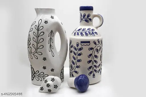 Kraftlik Handicrafts blue and white handmade ceramic oil dispenser, 1000ml, for kitchen use. The set includes two such dispensers