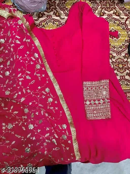 Pure Fox Georgette Gown with Fancy Sequins Sleeves, ready to wear in heavy soft fox fabric, detailed with padded attached yoke neck and micro cotton inner