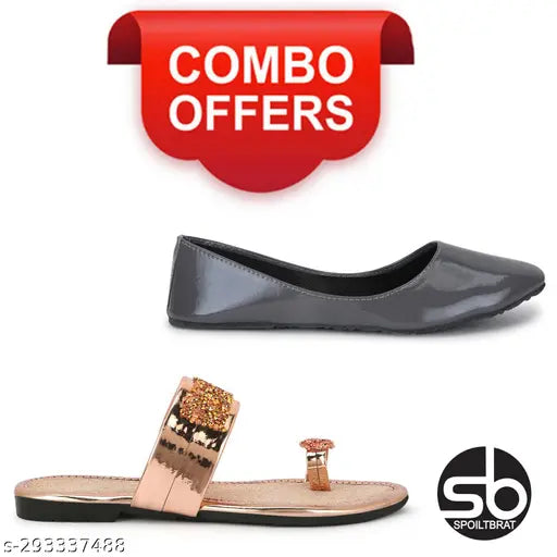 Grey patent leather ballerina slippers in peach stone and grey, perfect for daily wear, office wear, or parties, for ladies and girls