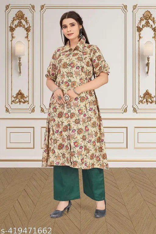 A-line cotton kurta set with button, three-quarter sleeves and palazzo bottoms - printed net style, Indian traditional wear on mannequin