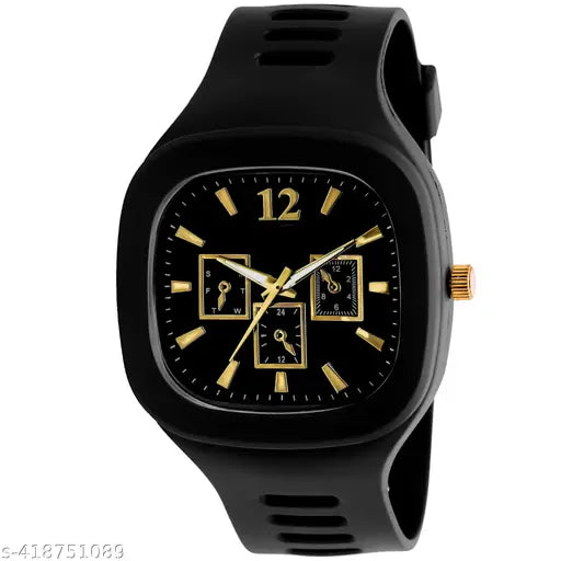 Black silicone analog watch with yellow hands for men's casual style
