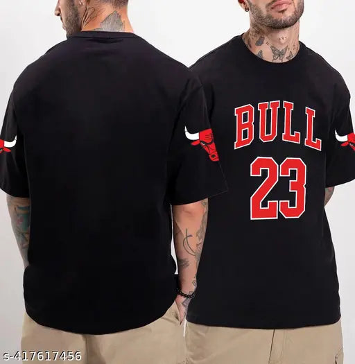 Black oversized men's graphic printed cotton t-shirt by Scott Fincher, featuring bulls motif on half sleeves