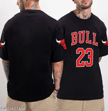 Black oversized men's graphic printed cotton t-shirt by Scott Fincher, featuring bulls motif on half sleeves