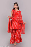 Red butterfly patterned dupatta set with matching sari, traditional Indian bridal attire