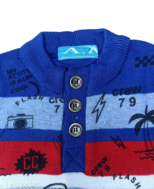 Agile and elegant boys' woolen full sleeve sweaters in fun prints. Soft, breathable, and comfortable winter wear for kids aged 3-12 years. Made in India