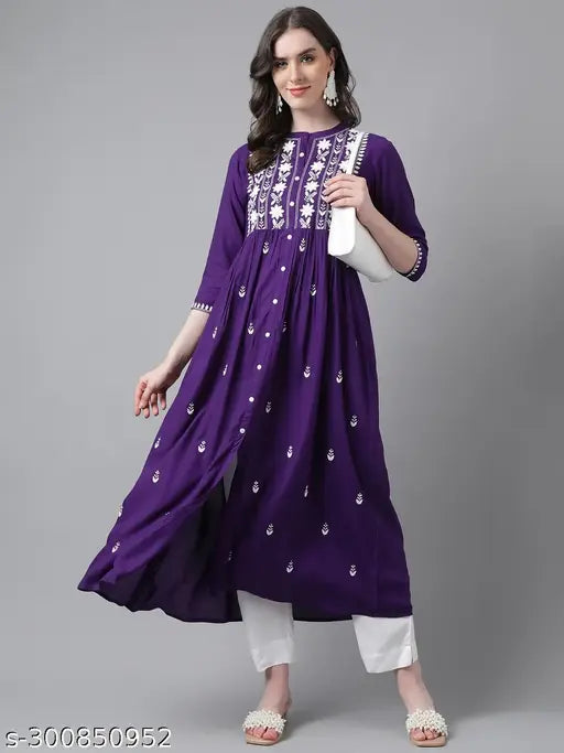 Violet viscose rayon Chikankari sequin embroidered kurti with three-quarter sleeves, perfect for any occasion