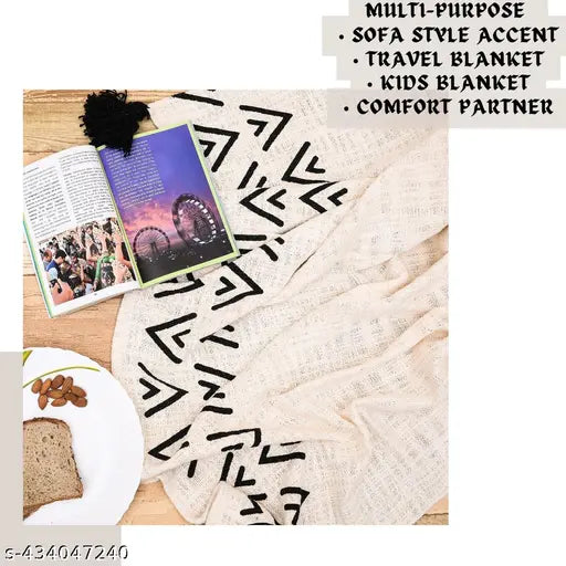 Off-white boho printed cotton throw blankets with tassels - premium quality, large size, easy care and versatile use