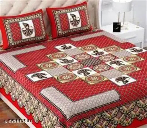Red cotton double bedsheet with 2 pillow covers, geometric pattern design.