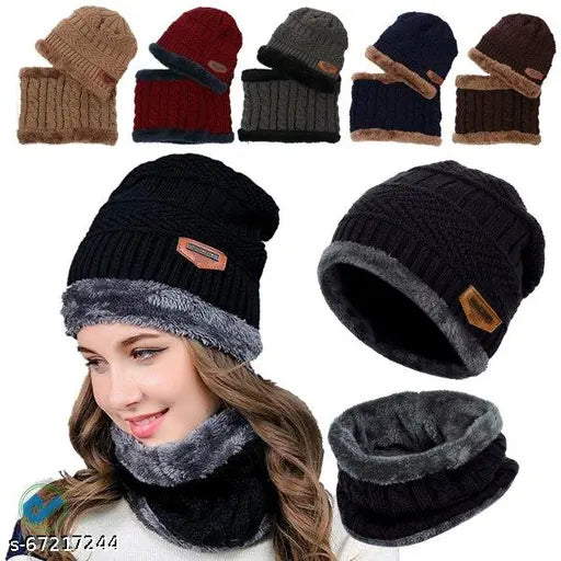 Black, red, brown knit beanie hat scarf set with winter warmth for men and women