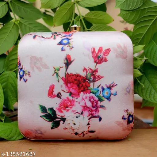 Pink floral embroidery on cloth party clutch with gold accents