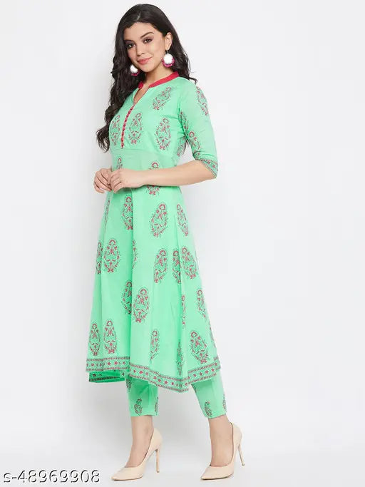 WineRed Women's Printed Cotton Kurta & Pant Set, Indian-inspired green printed kurta set with pants, no dupatta, three-quarter sleeves