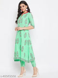 WineRed Women's Printed Cotton Kurta & Pant Set, Indian-inspired green printed kurta set with pants, no dupatta, three-quarter sleeves
