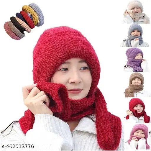 Multicolor knitted woolen cap with mufflers, 2-in-1 winter scarf for women & girls. Hand-knit with acrylic fibers for comfort and skin-friendliness. Thick fleece lining for warmth, suitable for outdoor activities in cold weather