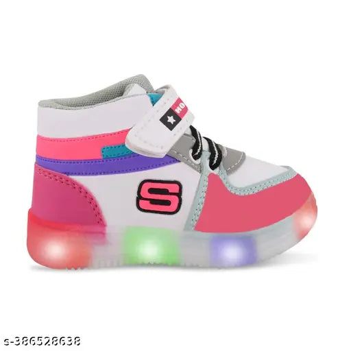 Pink, white, blue, purple, green kids' light-up sports shoes with black laces