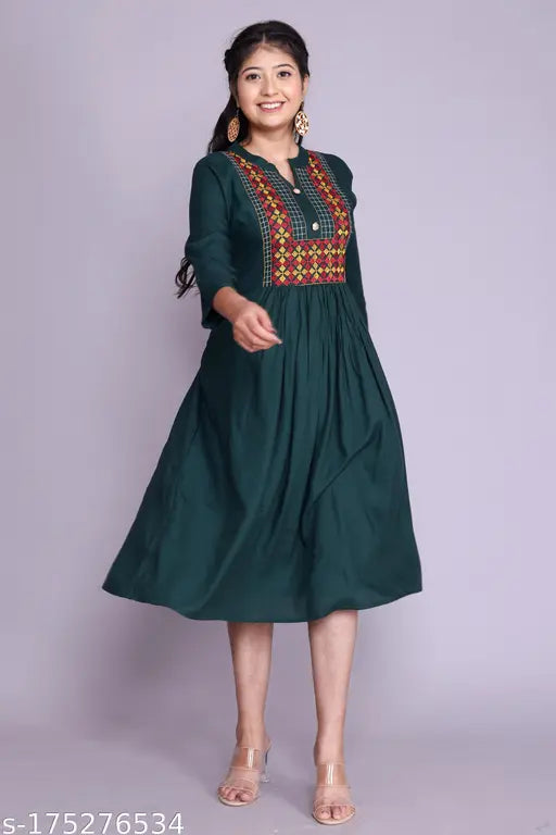 Red rayon floral embroidered kurti with three-quarter sleeves, handcrafted in India