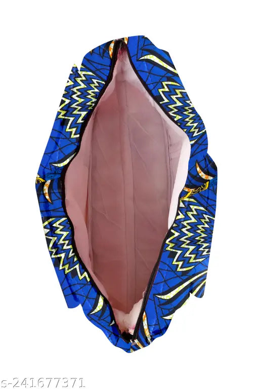 Large blue and yellow handbag with a zip closure