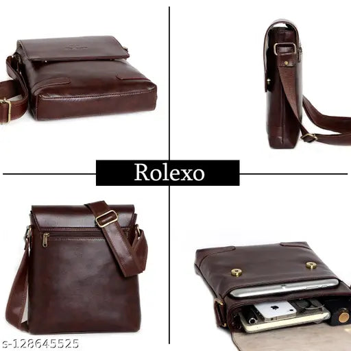 Dark brown synthetic leather Rolex men's travel slingbag with multiple pockets and adjustable strap