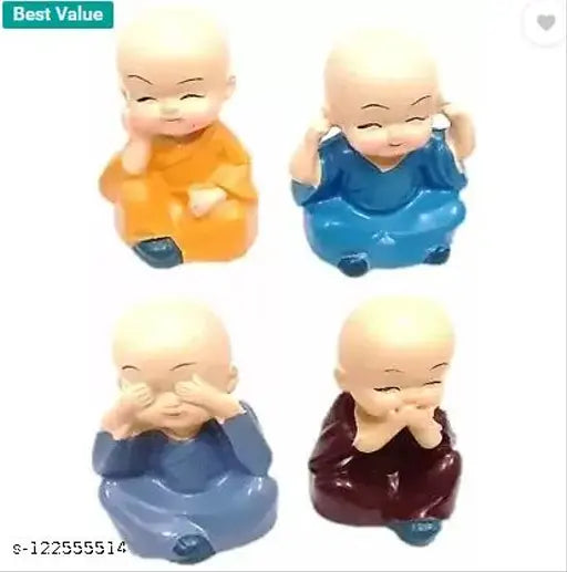 Handcrafted miniature multi-color Buddha monk figurines set (4 pieces) - Indian art for car dashboard accessories, elevating interior décor