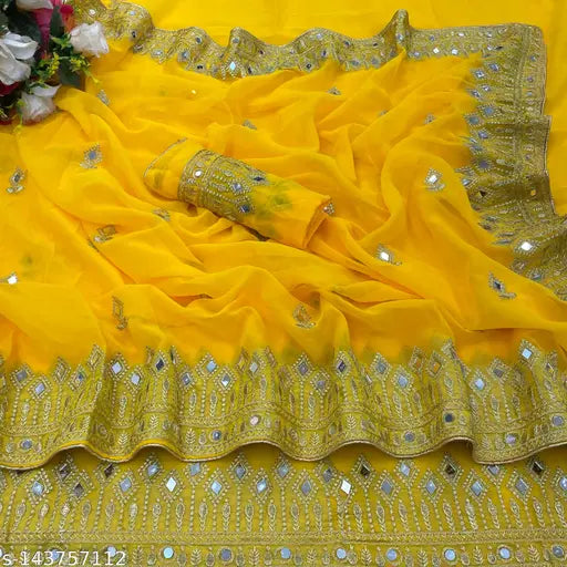 Golden satin Banarasi saree with heavy embroidery, embellished blouse, free size, India origin