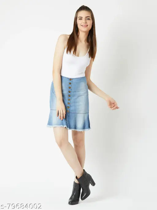 Denim mini skirt, solid blue ombre effect with button closure, Miss Chase women's solid straight denim skirt, regular fit mid-rise, India origin