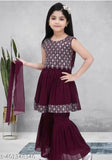 Casual Georgette kurta sets with dupatta, A-line palazzos, embroidered sleeveless, for kids aged 4-11, India origin