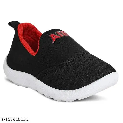 Black and white slippers with red logo