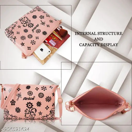 Pink floral design shoulder purse with wrist strap, internal structure and capacity display