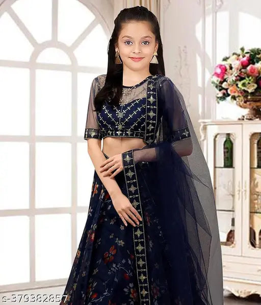 Art Silk and Organza printed floral lehenga choli for girls (age 5-12), Indian ethnic wear with short sleeves and different length options available