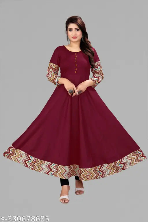 Maroon rayon Anarkali kurti with solid border, three-quarter sleeves - versatile for office or social occasions