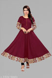 Maroon rayon Anarkali kurti with solid border, three-quarter sleeves - versatile for office or social occasions