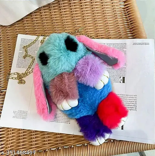 Multicolor rabbit faux fur sling bag, soft, adjustable strap, vibrant colors, perfect for everyday use, ethical materials, whimsical accessory