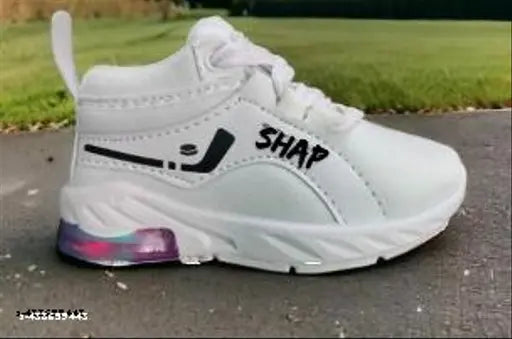 White and black sneakers with a logo and a tagged 'Sha