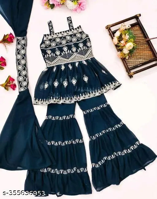 Dark Blue Embellished Georgette Kurta and Sharara Set for Girls Partywear